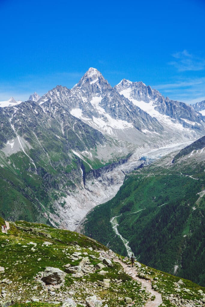 Vertical view of Aiguille Verte rising above the Argentière glacier valley, seen from the Lac Blanc balcony trail
