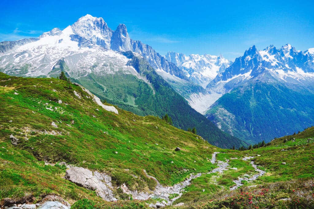 Lush green alpine valley with a winding stream and the snow-capped Aiguilles peaks rising in the background