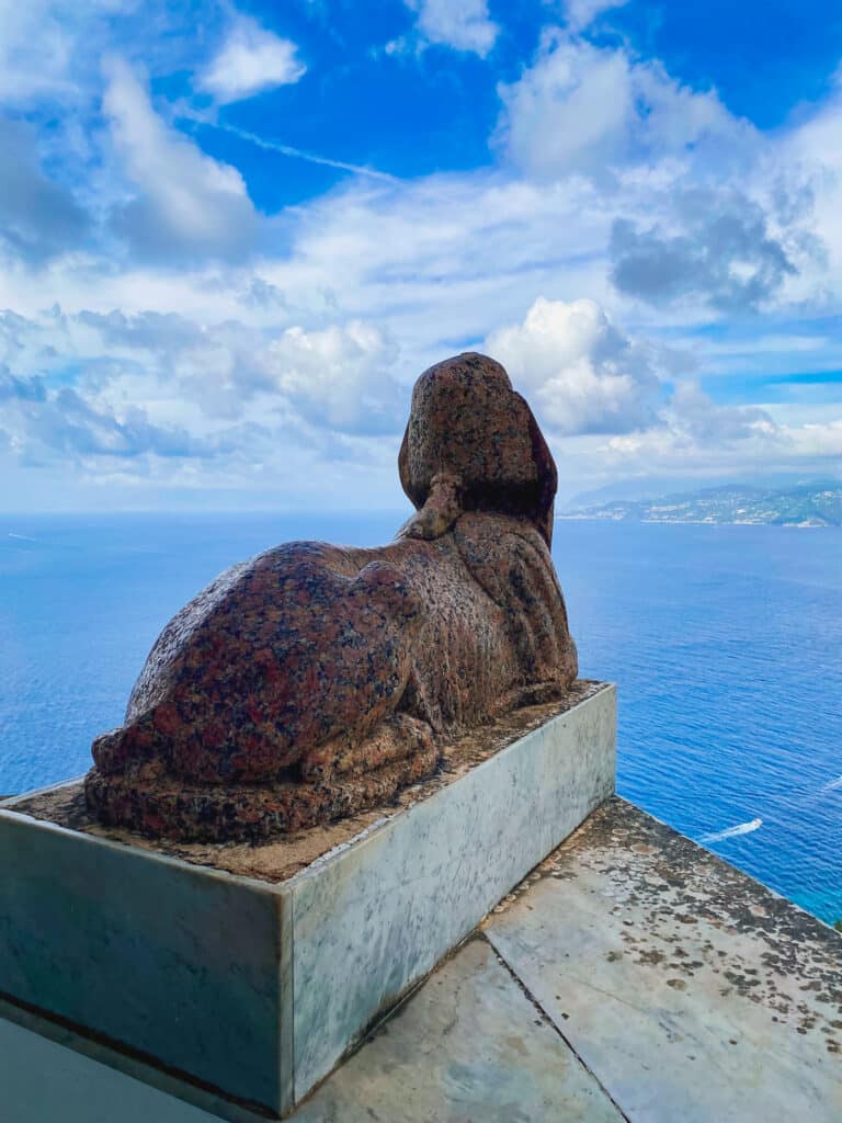 Egyptian sphinx sculpture at Villa San Michele gazing out over the Mediterranean Sea and Sorrentine Peninsula