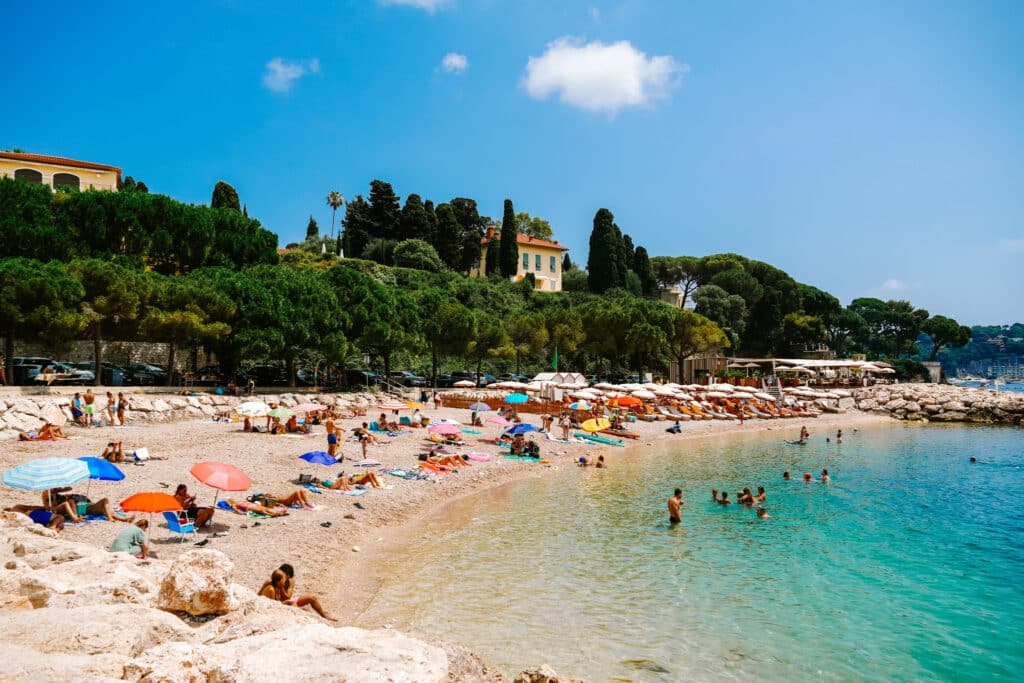 The tiny half moon crescent of beach that makes up plage d'lange garden in Villefranche-sur-Mer
