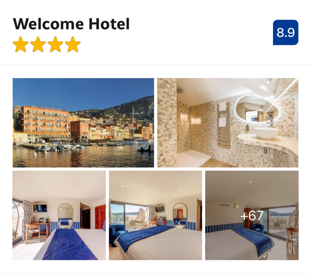 Known for its exceptionally attentive staff and unbeatable location right on the harbour, Hôtel Welcome is one of the most convenient places to stay in Villefranche-sur-Mer. Rooms are simple but comfortable, many with balconies overlooking the bay, and you’re just steps from the waterfront restaurants, beach, and train station.