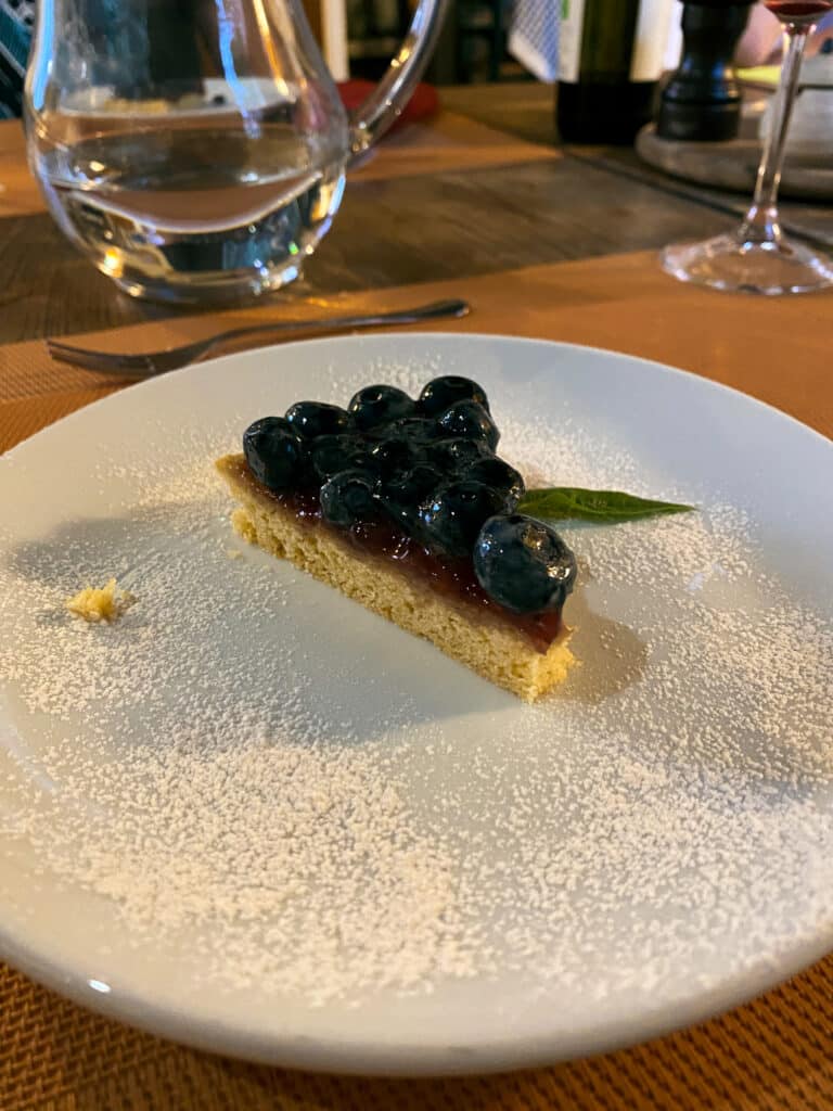 Slice of blueberry crostata dusted with powdered sugar, served at the kitchen table at Agriturismo Marciano in Tuscany.