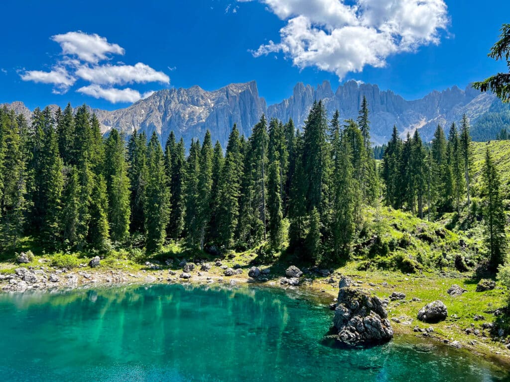 Lago di Carezza (Karersee) emerald shoreline with rocks in the water and the Latemar peaks behind a wall of pine forest