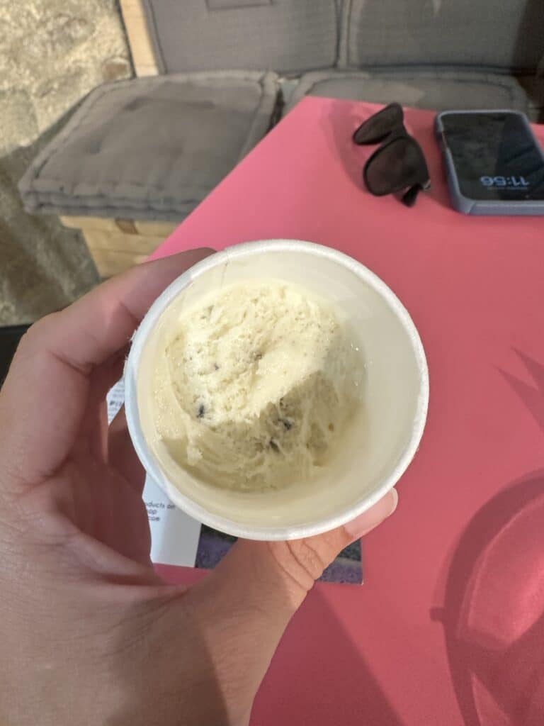 A cup of lavender ice cream from Aroma'Plantes