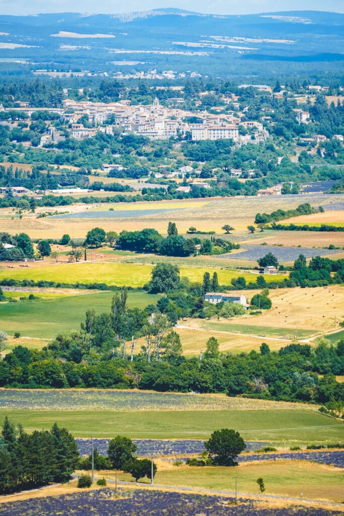 Elevated view of Sault village perched above the patchwork lavender and wheat fields of the plateau in Provence, France