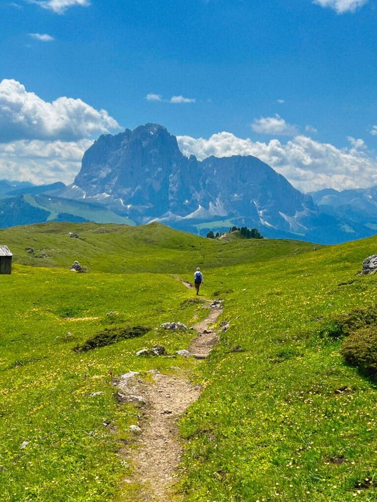 A solitary hiker on a meadow path leading toward the Sassolungo massif under summer skies, Seceda, Italy