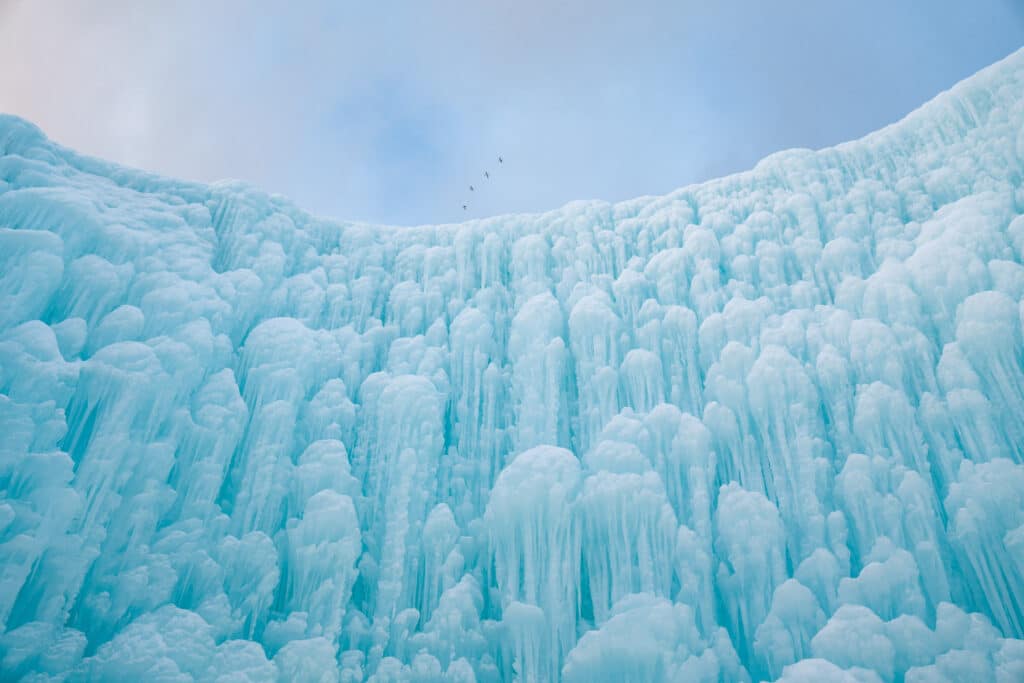 A flock of birds flying over the curved crest of a frozen ice wall at the Lake Shikotsu Ice Festival in Hokkaido