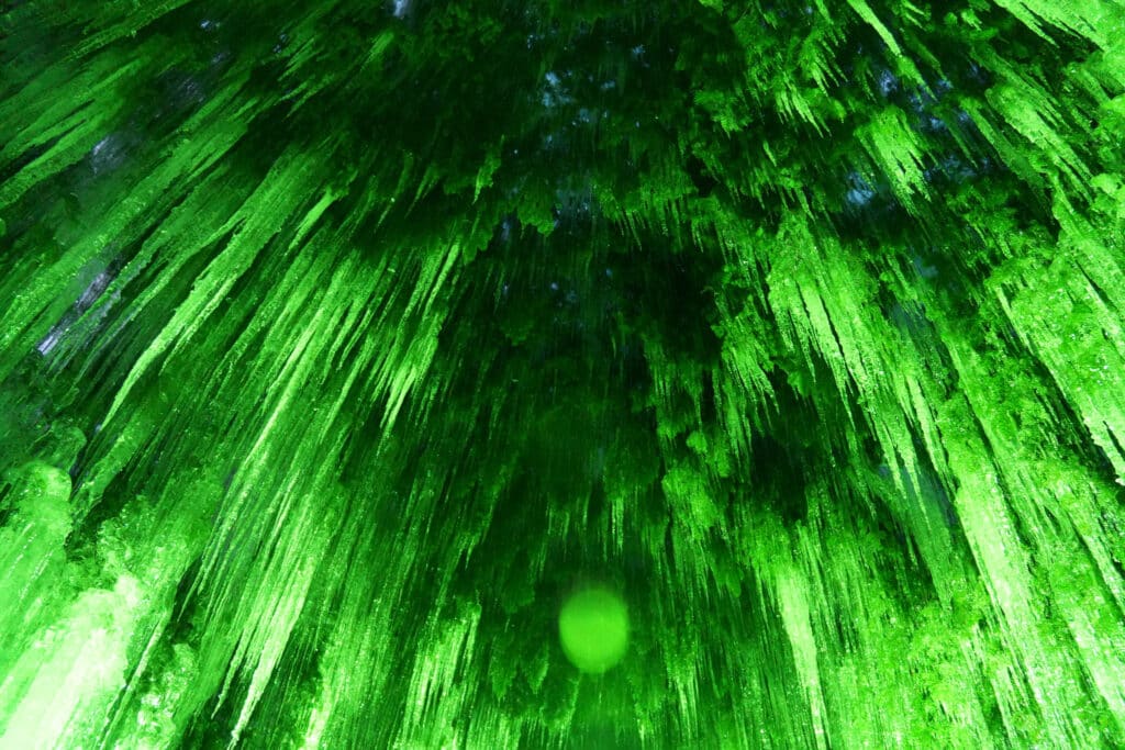 Looking up at the glowing emerald ceiling of the Mossy Forest icicle cave at the Lake Shikotsu Ice Festival, Hokkaido