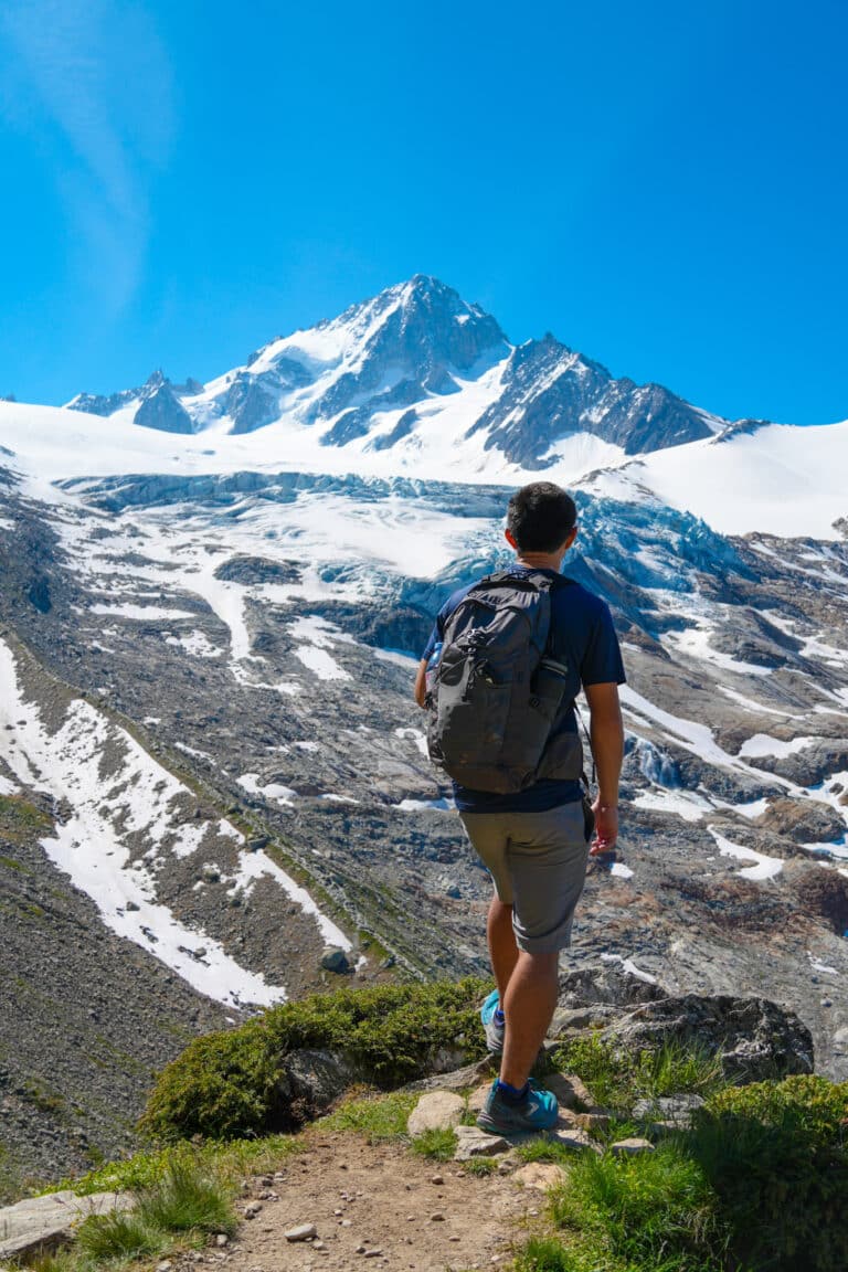 Hiker looking out at the Aiguille du Chardonnet and glacier from a viewpoint, Refuge Albert 1er hike