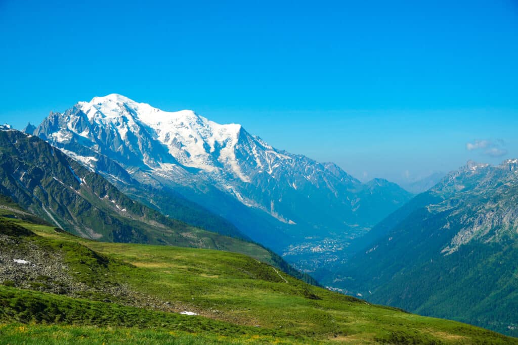 Mont Blanc massif overlooking the green Chamonix valley from the Albert 1er hike, French Alps