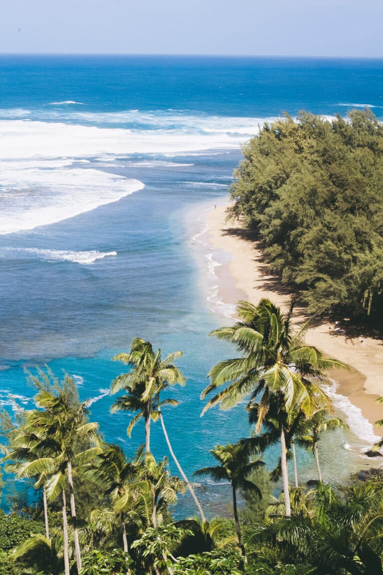 Sweeping views of Ke'e Beach from the Kalalau Trail, Hāʻena State Park, Kauaʻi