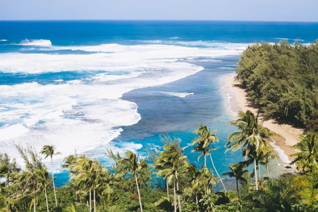Elevated view of Keʻe Beach's fringing reef and turquoise surf backed by palm trees, Hāʻena State Park, Kauaʻi